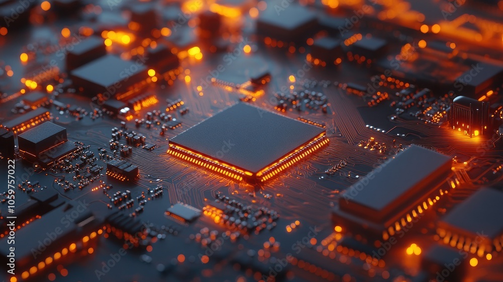 Poster Macro shot of orange circuitry board with focused microchip, cutting-edge technology theme