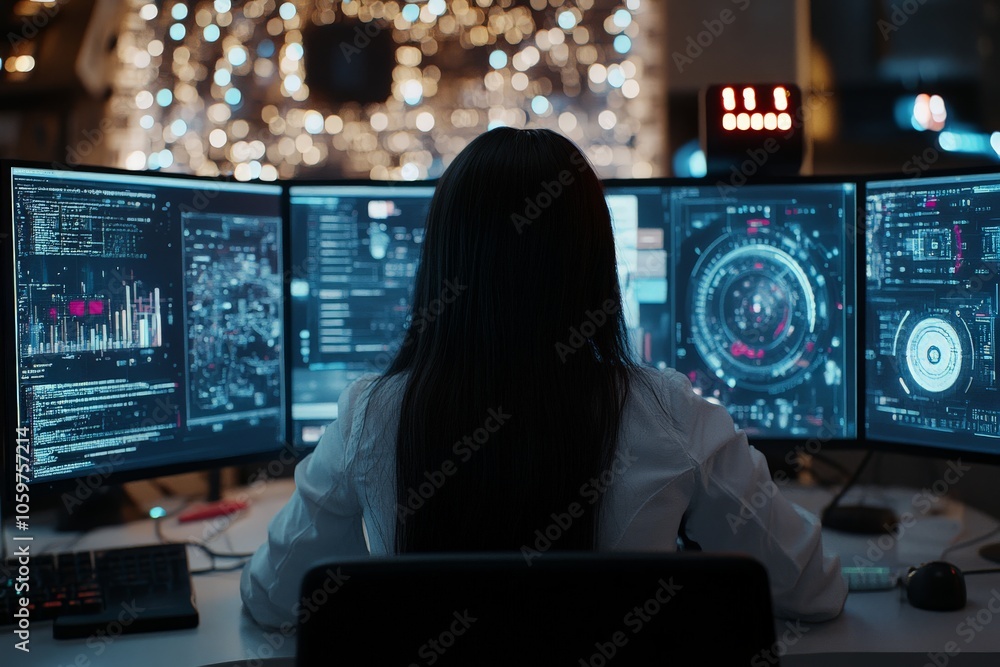 Poster woman sits focused in front of glowing multiple monitors displaying complex data, representing techn
