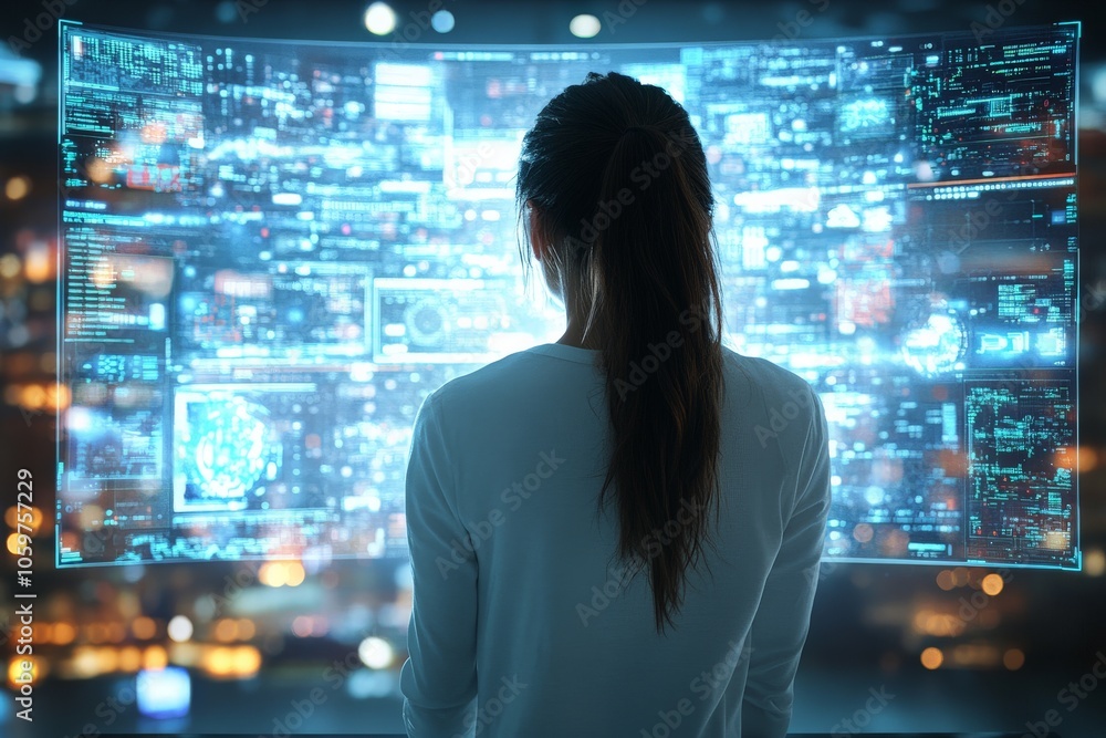 Poster a female data scientist stands analyzing a digital display brimming with data, exploring future tech