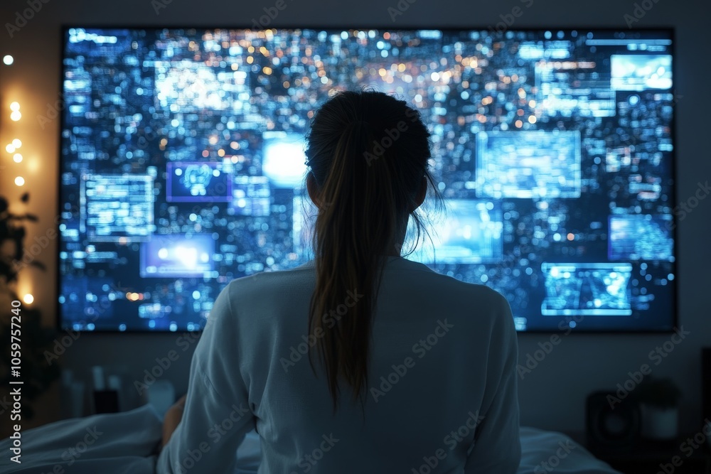 Poster a woman interacts with a large, futuristic digital display showing data streams, embodying modern te