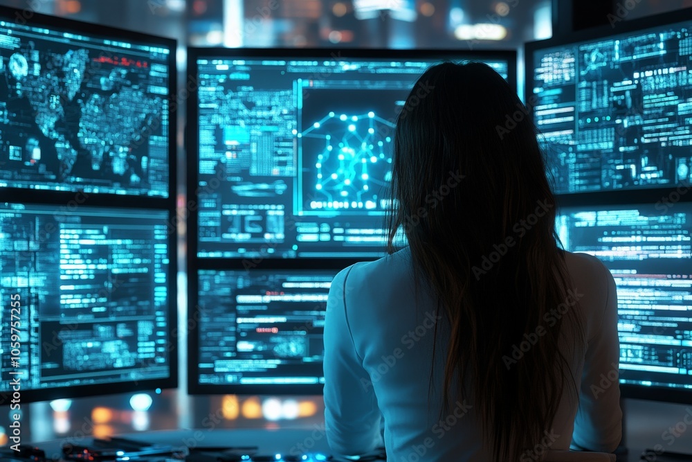 Poster a woman sits in front of six screens displaying various data visualizations and information in a mod
