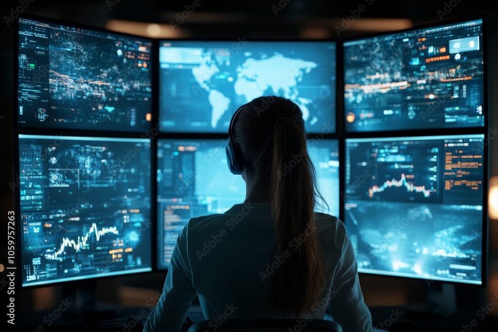 Poster a woman in headphones focuses on a screen setup showing digital maps and data charts, representing t