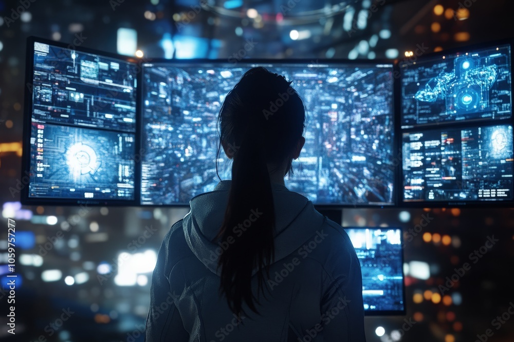 Poster a person examines an array of screens full of futuristic data graphics, symbolizing the complex land