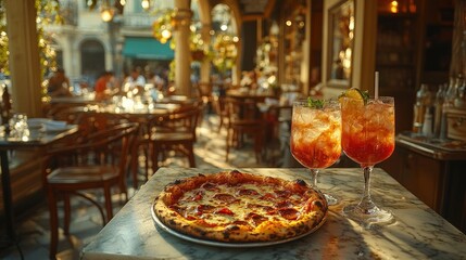 A pepperoni pizza and two glasses of iced tea on a table in an outdoor restaurant.