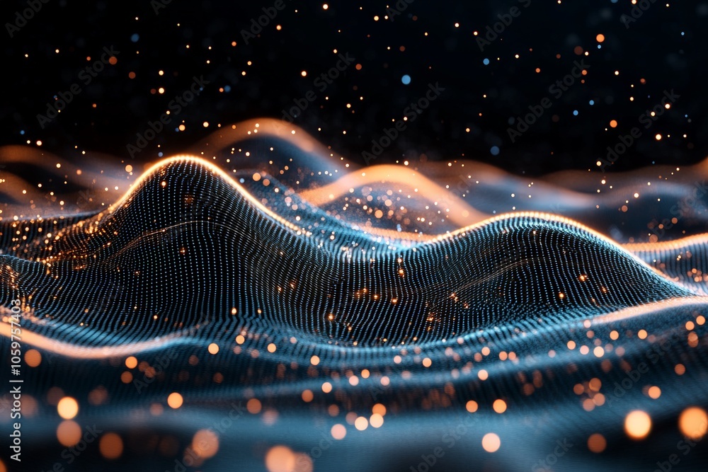 Poster a captivating image of a digital landscape with wavy forms and glowing particles, creating a mesmeri