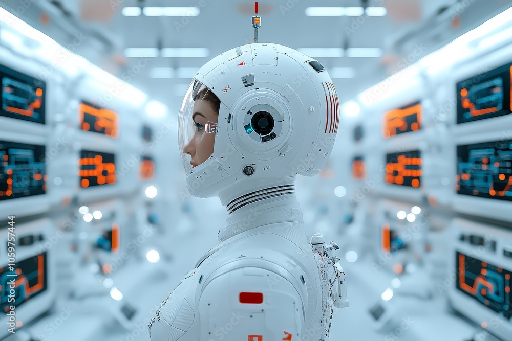 Poster the image shows a futuristic astronaut in advanced gear, standing in a room filled with high-tech sc