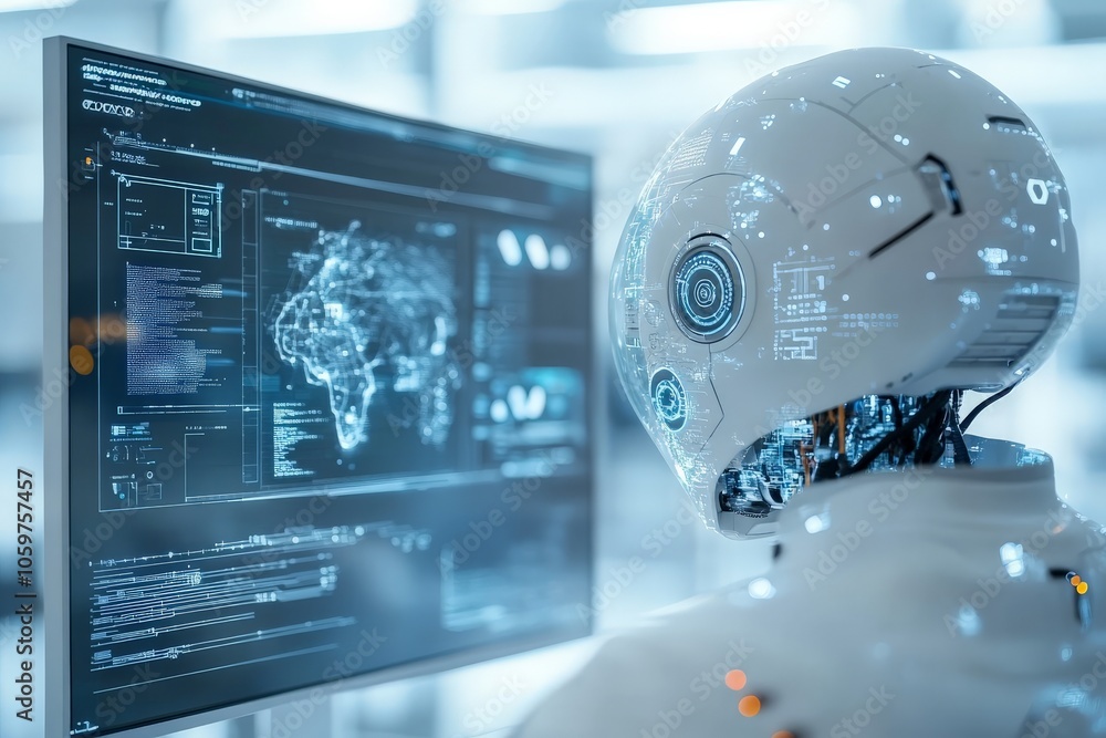 Aufkleber a high-tech robot intricately examines global map data displayed on screens in a cutting-edge enviro