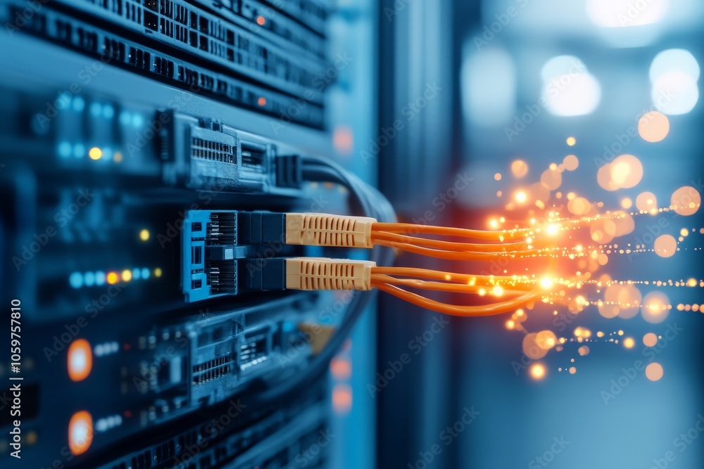 Poster a futuristic server environment exhibits efficient data flow via optical cables, with dynamic light 
