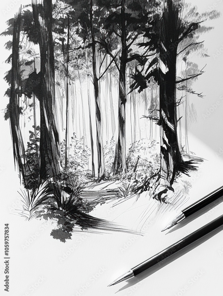 Poster a detailed black ink sketch captures a dense forest, featuring intricate tree designs and deep shado