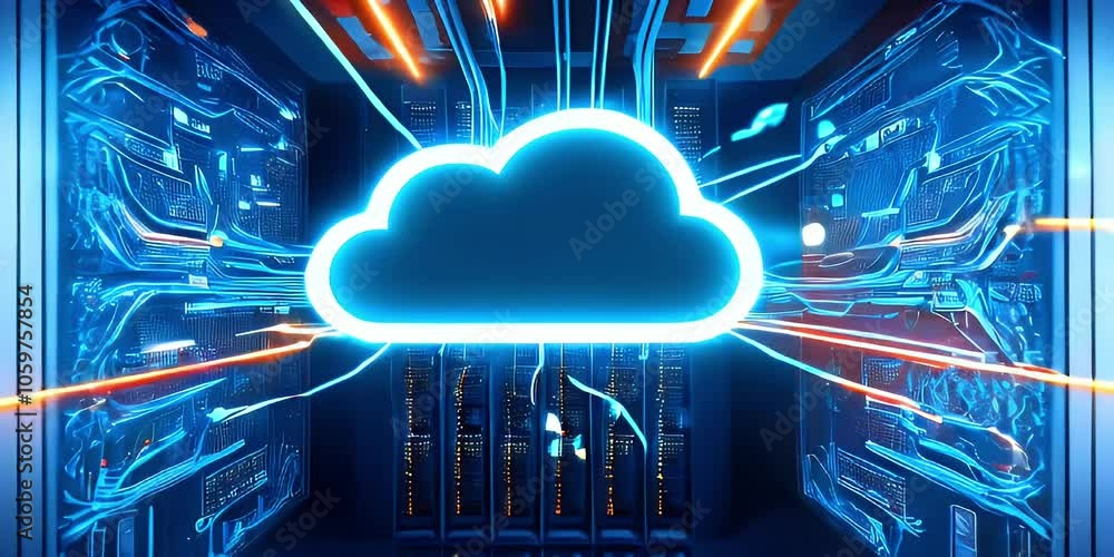 Poster a glowing cloud symbol in a server room represents data storage and cloud computing.
