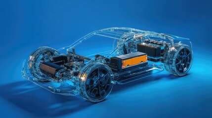 Fototapeta premium Transparent electric car frame with battery details in x-ray style, futuristic blue background
