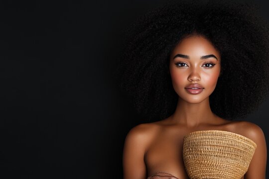 A stunning woman with a natural afro holds a woven basket against a dark backdrop, emanating natural beauty and embracing her unique and vivid heritage.
