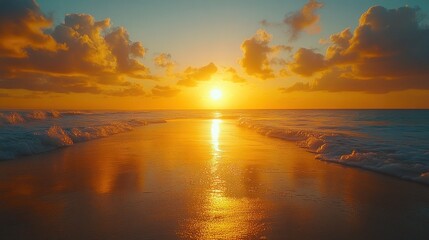 Golden Sunset Over Calm Ocean Waves With Clouds