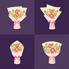 Vector pink and orange flower bouquet isolated set with ribbon