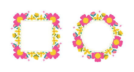 Square and circle of pink and orange flowers greeting card and invitation template for wedding or birthday anniversary, Vector shape of text box label and frame