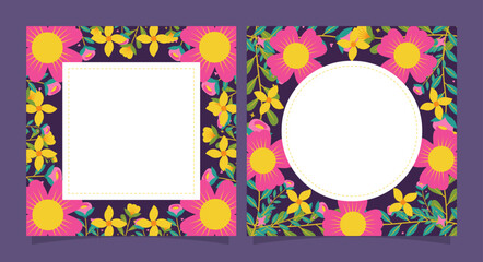 Square and circle of pink and orange flowers greeting card and invitation template for wedding or birthday anniversary, Vector shape of text box label and frame