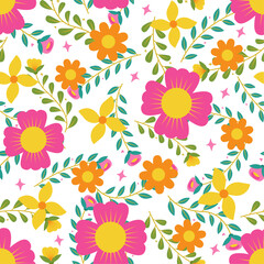 Pink and orange flowers wreath with branch and leaves. Seamless pattern background. Floral vector artwork for apparel and fashion fabrics