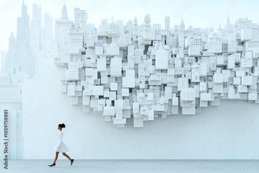 Poster a woman in white walks near a complex wall of cubic structures, showcasing a blend of simplicity and