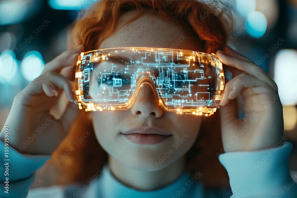 Poster a young woman gazes through advanced vr goggles with glowing circuit patterns, symbolizing a futuris