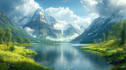 Fototapeta premium Picturesque mountain lake surrounded by snow-capped peaks and lush greenery