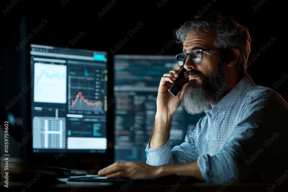 Poster a man leans forward intently while analyzing charts and data on multiple computer screens in a dim, 