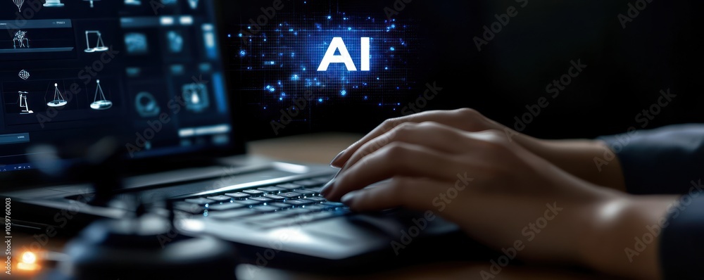 Poster ai-driven workspace with high-tech computer interface at night
