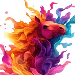 Obraz premium Vibrant artistic horse illustration with colorful flowing mane, white isolate background.