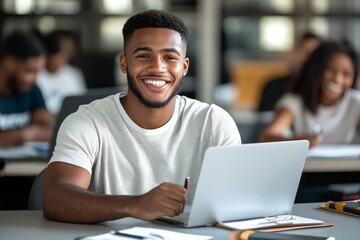 A cheerful young adult smiles while using a laptop in a classroom, surrounded by peers, capturing a moment of learning and camaraderie in an educational setting.