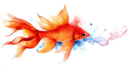 Fototapeta premium Vibrant goldfish swimming with colorful splashes on a white isolated background.