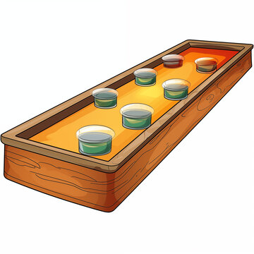 A colorful wooden shuffleboard game featuring glass cups sliding along the polished surface