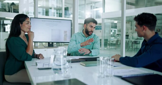 Business, meeting and documents for discussion, planning and erp notes with screen for report. Men, woman and team for office, proposal and collaboration for partnership or b2b project strategy
