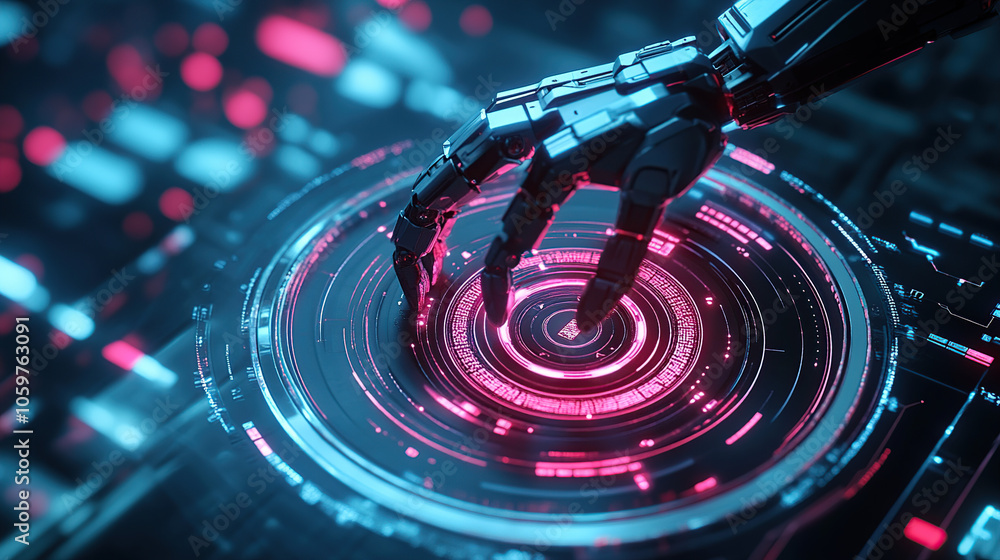 Poster abstract futuristic robot hand touching a digital holographic screen with circular high-tech element