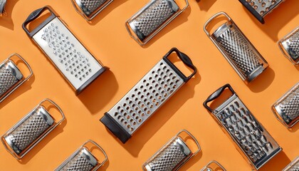 Silver kitchen graters on orange