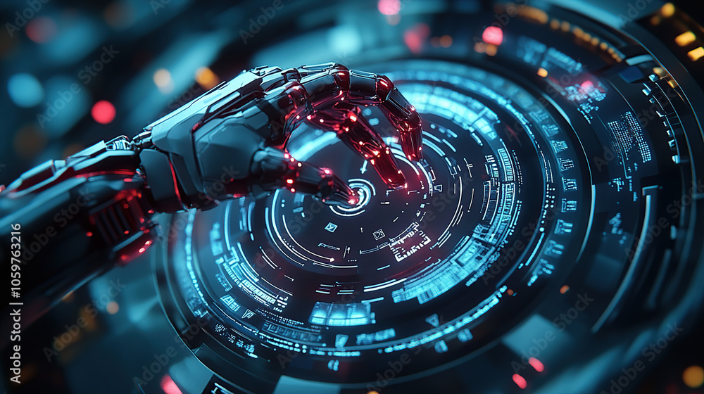 Poster abstract futuristic robot hand touching a digital holographic screen with circular high-tech element