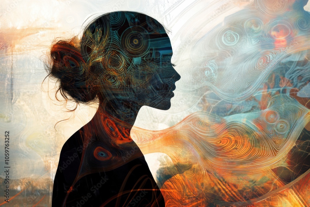 Poster a dark silhouette stands contemplatively amidst colorful swirling patterns, suggesting deep thought 