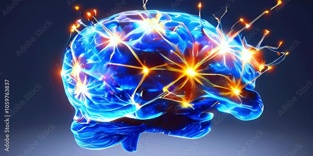 Poster a 3d rendering of a human brain with glowing neurons firing.