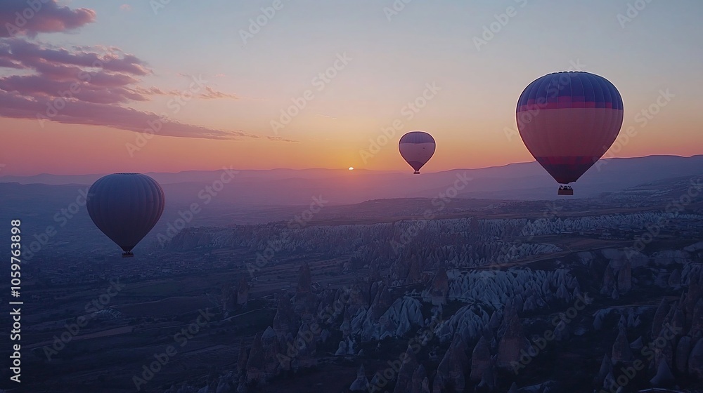 Wall mural Three hot air balloons fly over a valley at sunrise, with the sun peeking through the clouds.