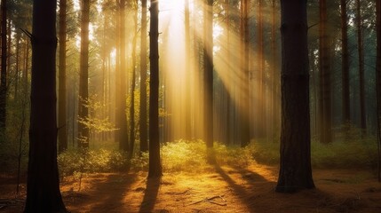 Obraz premium Sunlit Forest with Golden Rays Filtering Through Trees