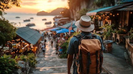 A lone traveler with a backpack walks down a street in a foreign city at sunset.