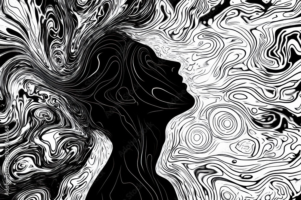 Leinwandbilder a silhouette of a person emerges from swirling abstract patterns, illustrating complex thoughts and 
