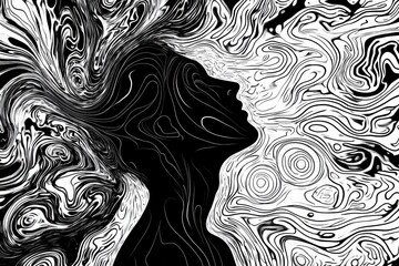 A silhouette of a person emerges from swirling abstract patterns, illustrating complex thoughts and emotions in a dynamic, artistic design. Generative AI