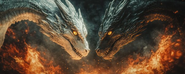 Epic Clash of Majestic Dragons Amidst Fiery Blaze and Smoky Atmosphere in Fantasy Setting