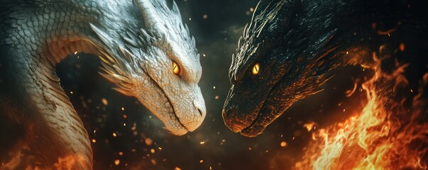Epic Clash of Majestic Dragons Amidst Fiery Blaze and Smoky Atmosphere in Fantasy Setting