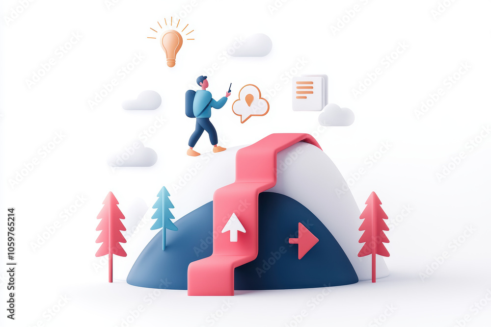Poster navigating through changing paths, professional climbs stylized mountain, symbolizing growth and exp