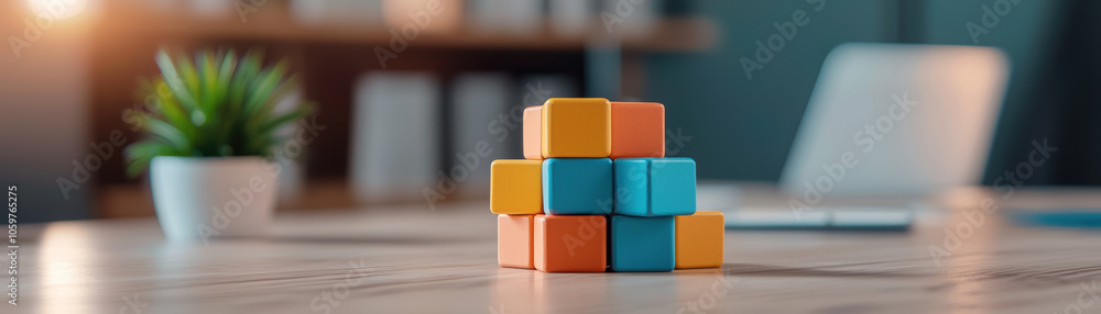 Poster solving colorful cube puzzle in modern office setting, showcasing creativity and focus. vibrant bloc