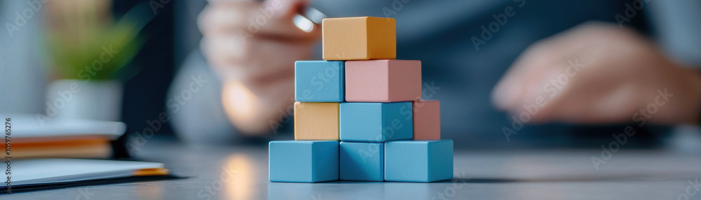 Poster building colorful cube tower in modern office setting enhances creativity and focus. this engaging a