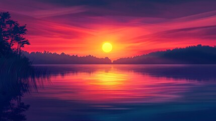 Obraz premium Vibrant sunset over a tranquil lake with soft reflections, serene atmosphere and rich color gradients, perfect for relaxation themes.