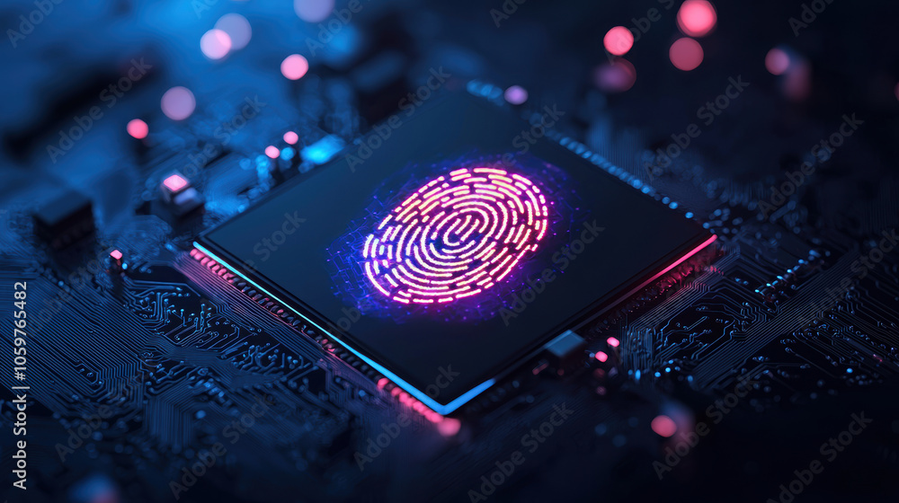 Poster high tech fingerprint scan on neon circuit board, showcasing advanced technology and security featur