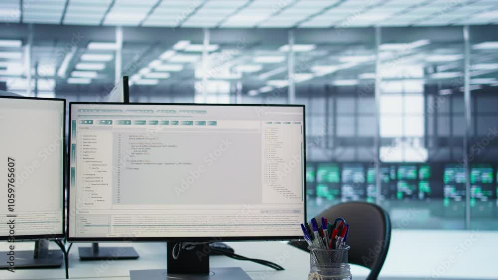 Poster computers in empty data center facility managing rackmounts energy consumption. close up of script o