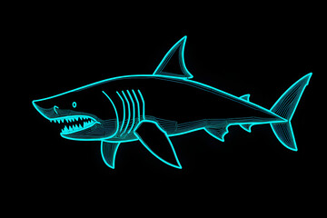 Obraz premium A striking megalodon shark silhouette in neon blue with glowing turquoise lines on a black background, with a 3:2 aspect ratio and size set to 50.